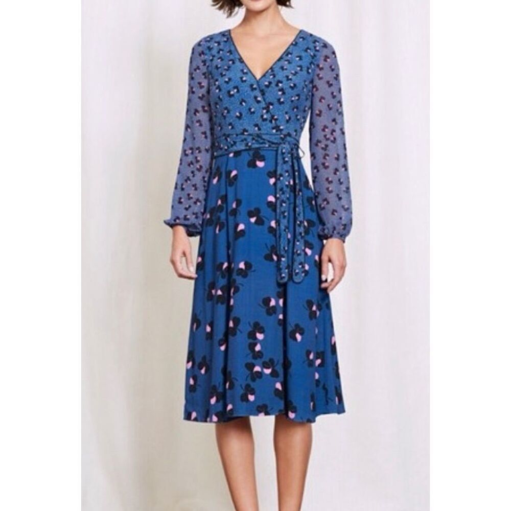 Boden Eden Wrap Dress size 12 Blue Long Sleeve Floral